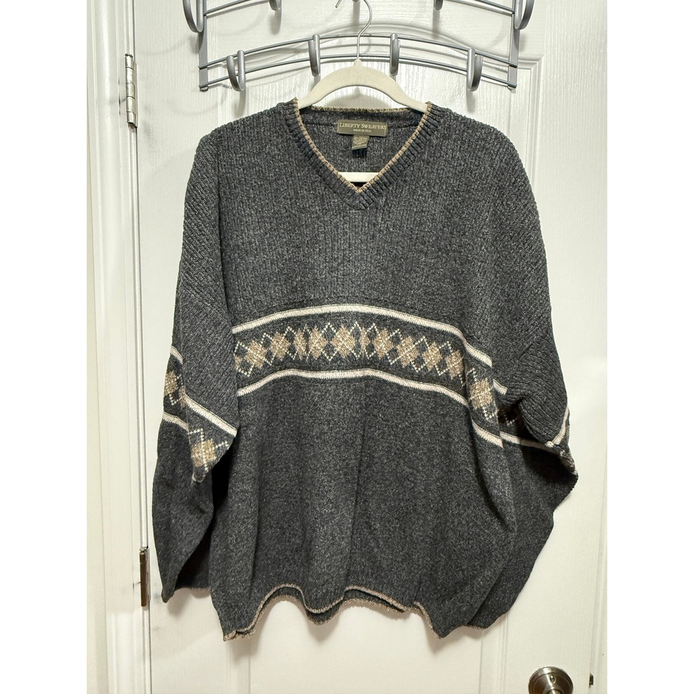 Liberty Sweaters Mens Gray V Neck Argyle Pattern Sweater XXL Made USA‎